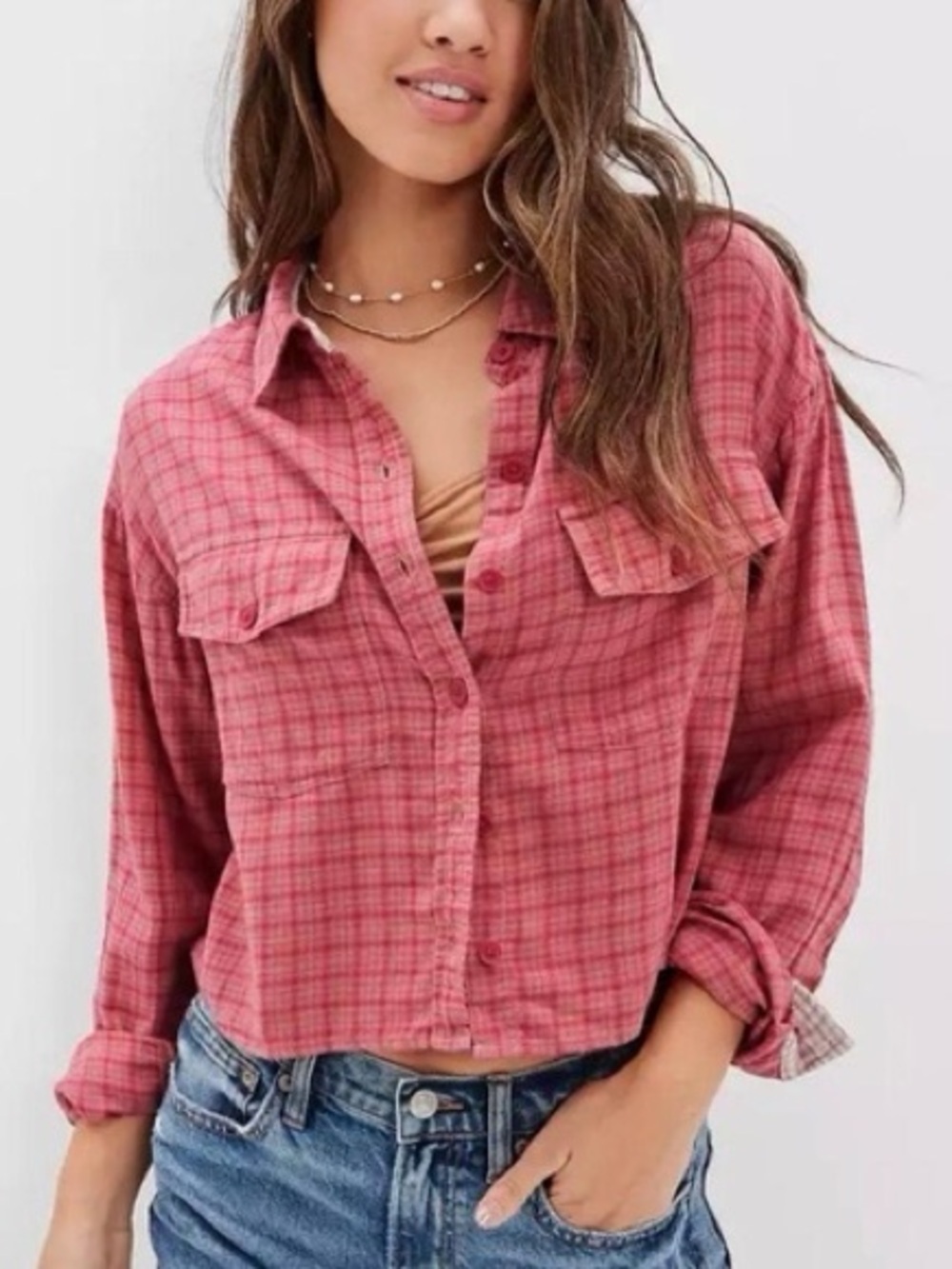 American Eagle Cropped Flannel Shirt Size Small Oversized Pink Button up